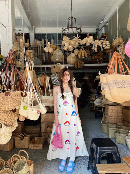 Chen Shan~Turn left dopamine wear printed halterneck suspender dress female niche chic long skirt