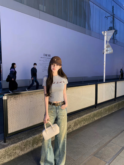 [In stock] CHICYOU "Fashionable Dirty Pants" Blue Ink Splashed Fur Trim Distressed Soft Jeans