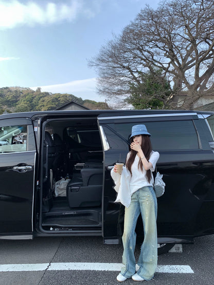 [In stock] CHICYOU "Fashionable Dirty Pants" Blue Ink Splashed Fur Trim Distressed Soft Jeans