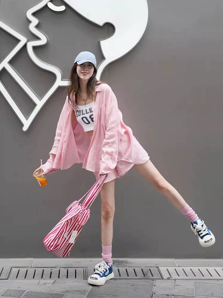 High-end cotton and linen shirt women's suit casual sports summer fashion temperament linen sun protection pink shirt two-piece set