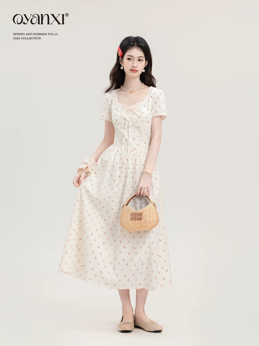 Ouyang Xi's "Cherry Skirt" Summer French First Love Apricot Short Sleeve Long Skirt for Small Women Waist Dress
