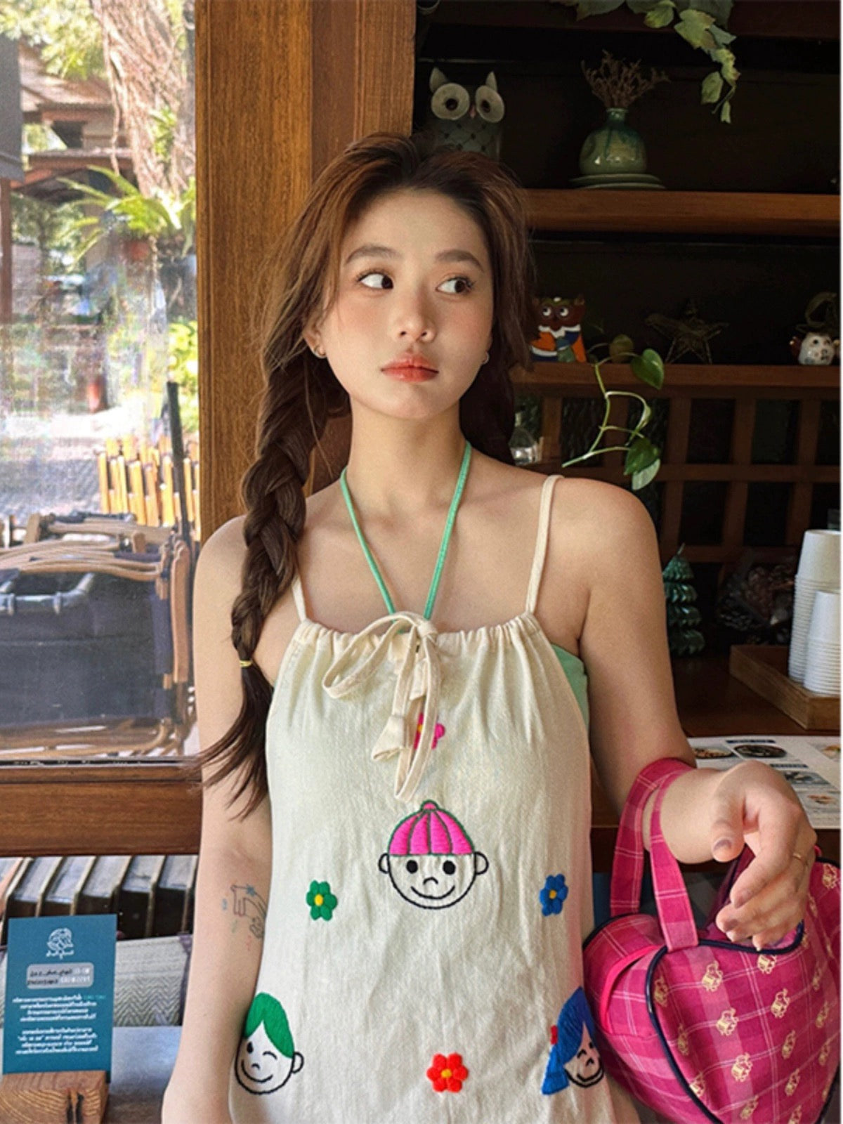 Chen Shan~Turn left dopamine wear printed halterneck suspender dress female niche chic long skirt