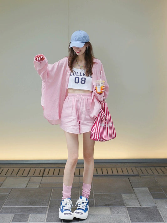 High-end cotton and linen shirt women's suit casual sports summer fashion temperament linen sun protection pink shirt two-piece set