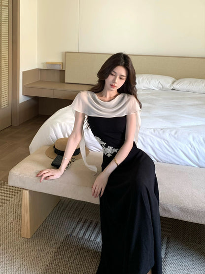 Mu Zili's New Chinese Style Embroidered Slim Fit Knit Dress with Flowing High Waist Long Skirt and Chiffon Shawl (Summer)