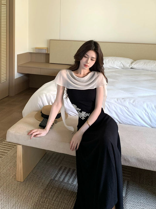 Mu Zili's New Chinese Style Embroidered Slim Fit Knit Dress with Flowing High Waist Long Skirt and Chiffon Shawl (Summer)