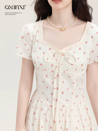 Ouyang Xi's "Cherry Skirt" Summer French First Love Apricot Short Sleeve Long Skirt for Small Women Waist Dress