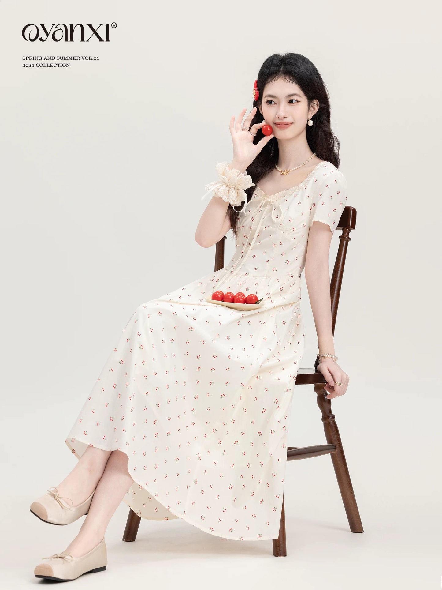 Ouyang Xi's "Cherry Skirt" Summer French First Love Apricot Short Sleeve Long Skirt for Small Women Waist Dress