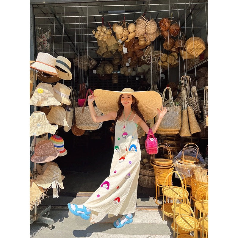 Chen Shan~Turn left dopamine wear printed halterneck suspender dress female niche chic long skirt