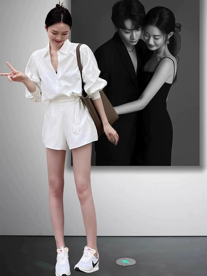 European sportswear women's summer casual fashion temperament white shirt shorts small fragrance two-piece shirt for women