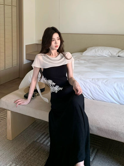 Mu Zili's New Chinese Style Embroidered Slim Fit Knit Dress with Flowing High Waist Long Skirt and Chiffon Shawl (Summer)