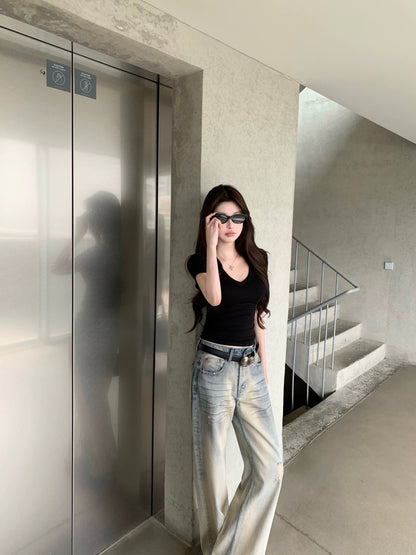 [A small amount of stock] CHICYOU "Improved Dirty Pants" fashionable old-fashioned slim straight jeans