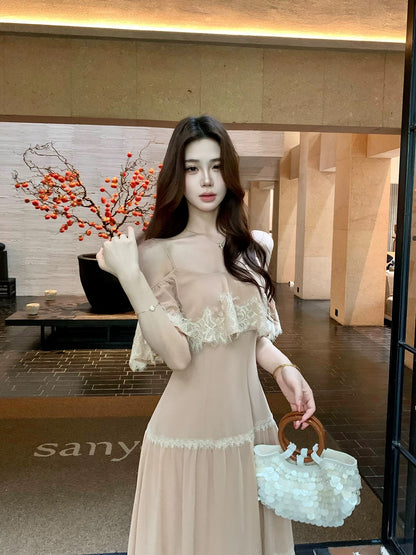 Mu Zi Li's Li Chunyu Gentle Style Off-Shoulder Ruffled Spaghetti Strap Dress with Lace Chiffon Skirt