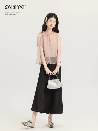 Ouyang Xi's "Evening Breeze Rose" Summer Pink Camisole Women's Vest Designed Bow Commuting Top Set