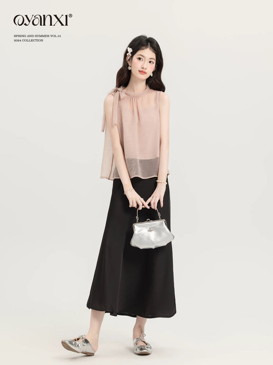 Ouyang Xi's "Evening Breeze Rose" Summer Pink Camisole Women's Vest Designed Bow Commuting Top Set