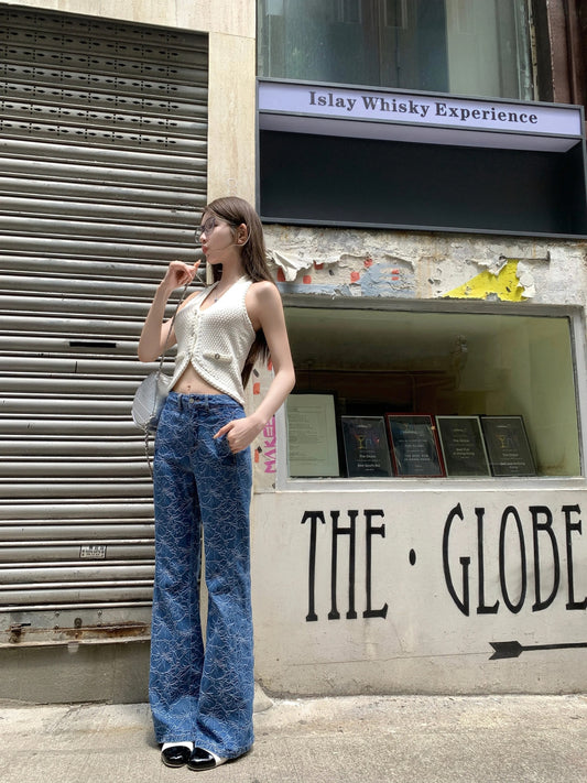 [Available] CHICYOU Super slim! Blue convex textured jeans casual trousers