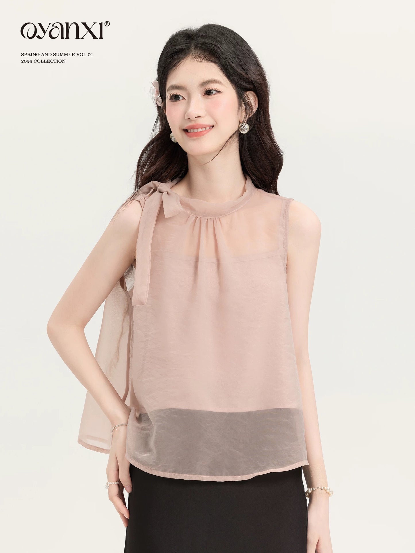 Ouyang Xi's "Evening Breeze Rose" Summer Pink Camisole Women's Vest Designed Bow Commuting Top Set
