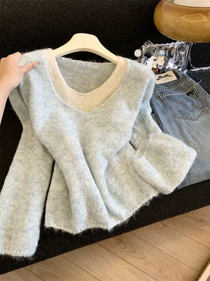Jade Closet direct store recommendation ~ Medela sweet style fake two-piece contrast color long-sleeved knitted sweater autumn and winter