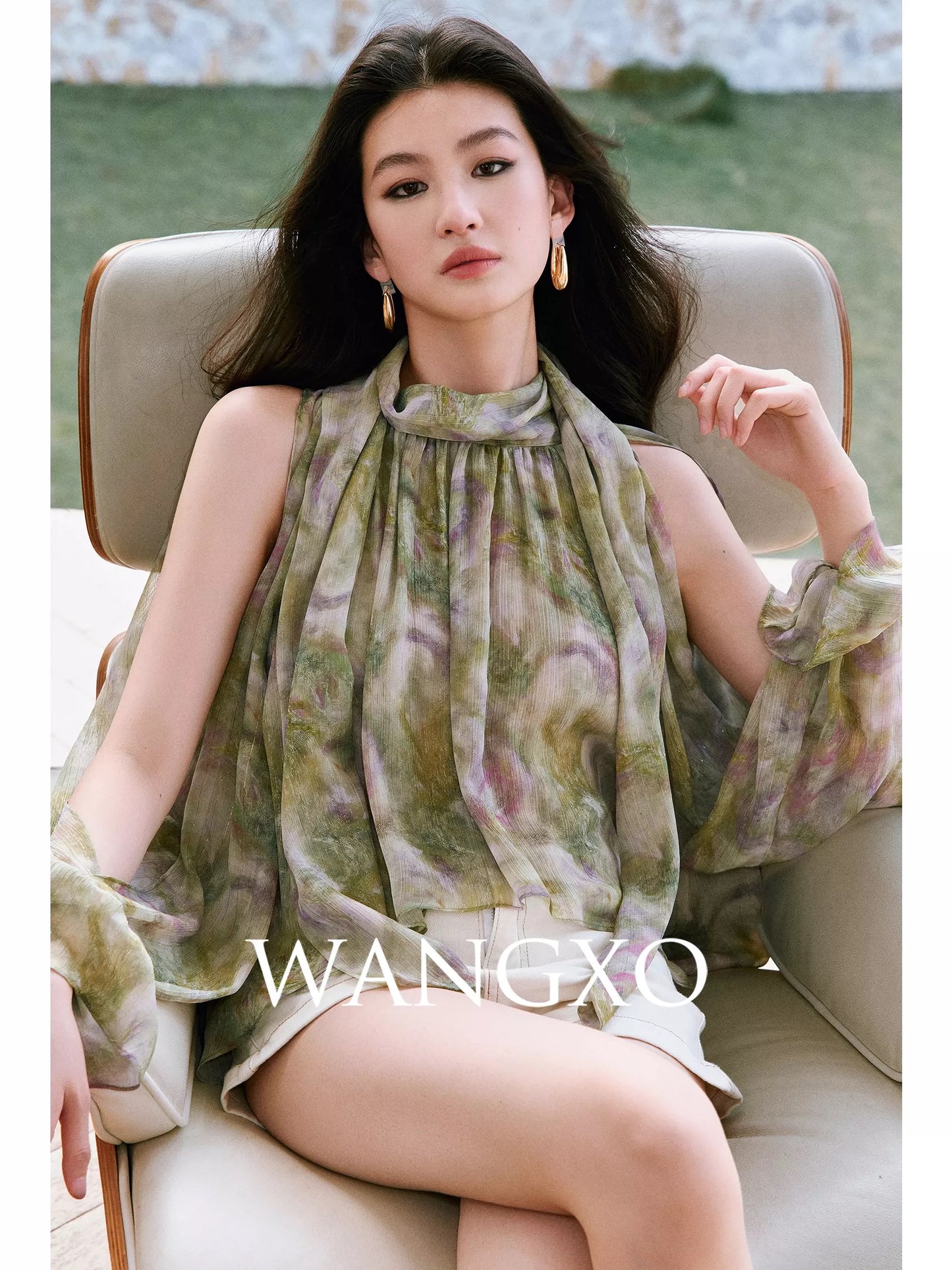 WANGXO | Custom Printed Georgette Crinkle | French Stand Collar Ribbon Off-Shoulder Loose Long-Sleeve Shirt Top