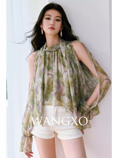 WANGXO | Custom Printed Georgette Crinkle | French Stand Collar Ribbon Off-Shoulder Loose Long-Sleeve Shirt Top