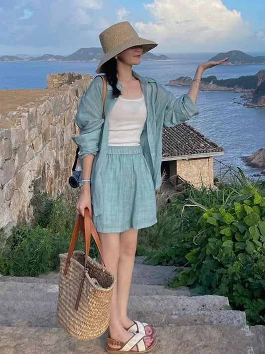 High-end cotton and linen shirt women's suit shorts casual sports summer fashion linen sunscreen blue shirt two-piece set