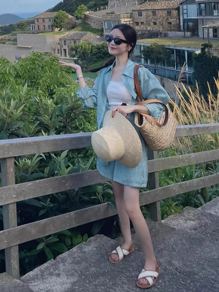 High-end cotton and linen shirt women's suit shorts casual sports summer fashion linen sunscreen blue shirt two-piece set