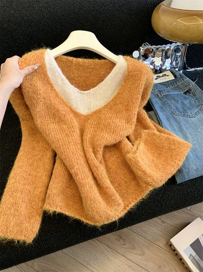 Jade Closet direct store recommendation ~ Medela sweet style fake two-piece contrast color long-sleeved knitted sweater autumn and winter