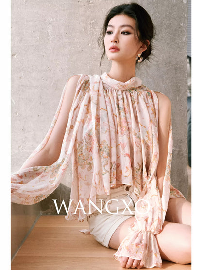 WANGXO | Custom Printed Georgette Crinkle | French Stand Collar Ribbon Off-Shoulder Loose Long-Sleeve Shirt Top