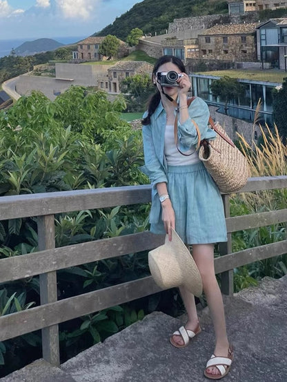 High-end cotton and linen shirt women's suit shorts casual sports summer fashion linen sunscreen blue shirt two-piece set