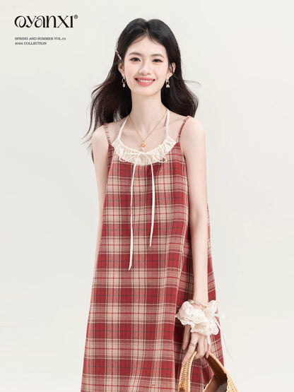 Ouyang Xi's original "Midsummer Pastoral" atmospheric red suspender dress women's new summer style dress