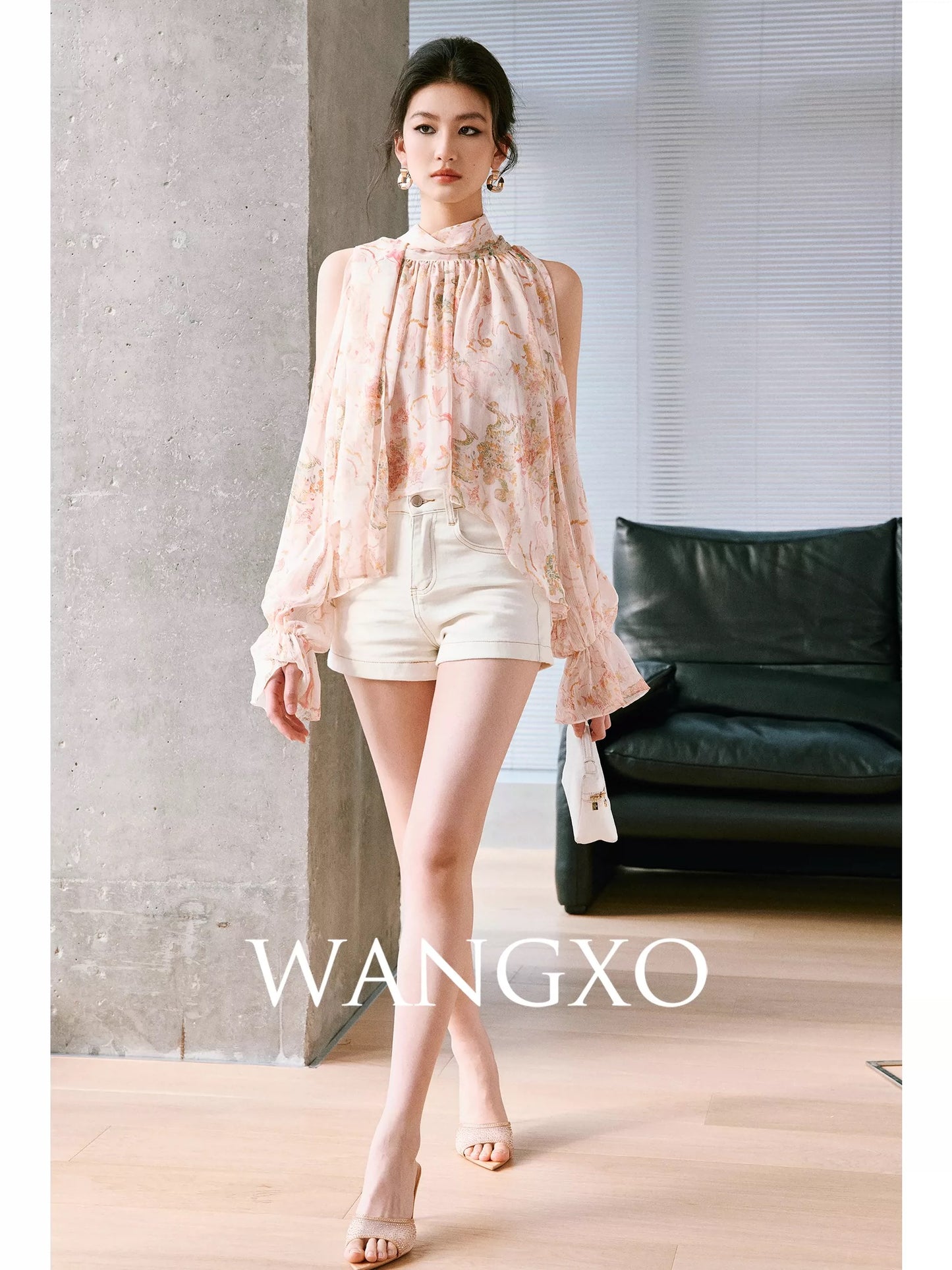 WANGXO | Custom Printed Georgette Crinkle | French Stand Collar Ribbon Off-Shoulder Loose Long-Sleeve Shirt Top