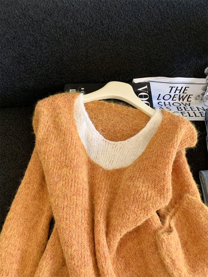 Jade Closet direct store recommendation ~ Medela sweet style fake two-piece contrast color long-sleeved knitted sweater autumn and winter