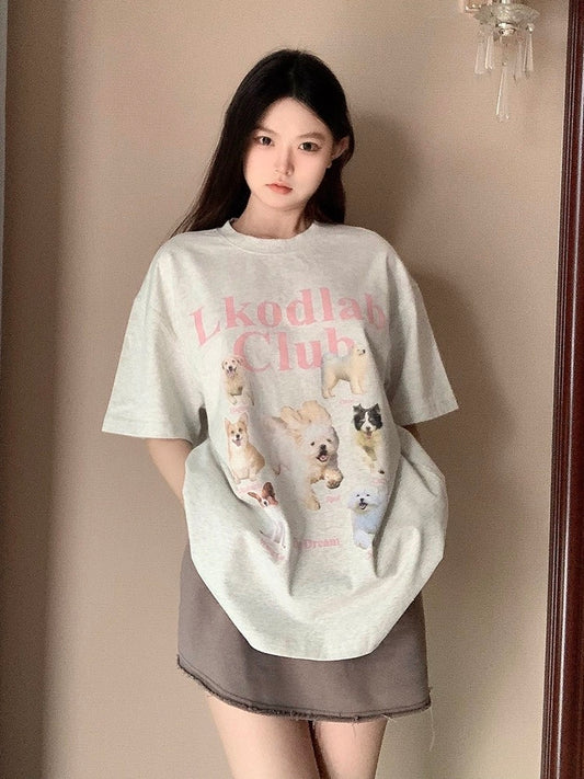 LK STORE LKOD2023 new spring and summer puppy print round neck bottoming shirt short-sleeved men and women couple T-shirt