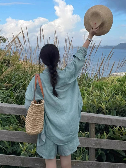 High-end cotton and linen shirt women's suit shorts casual sports summer fashion linen sunscreen blue shirt two-piece set