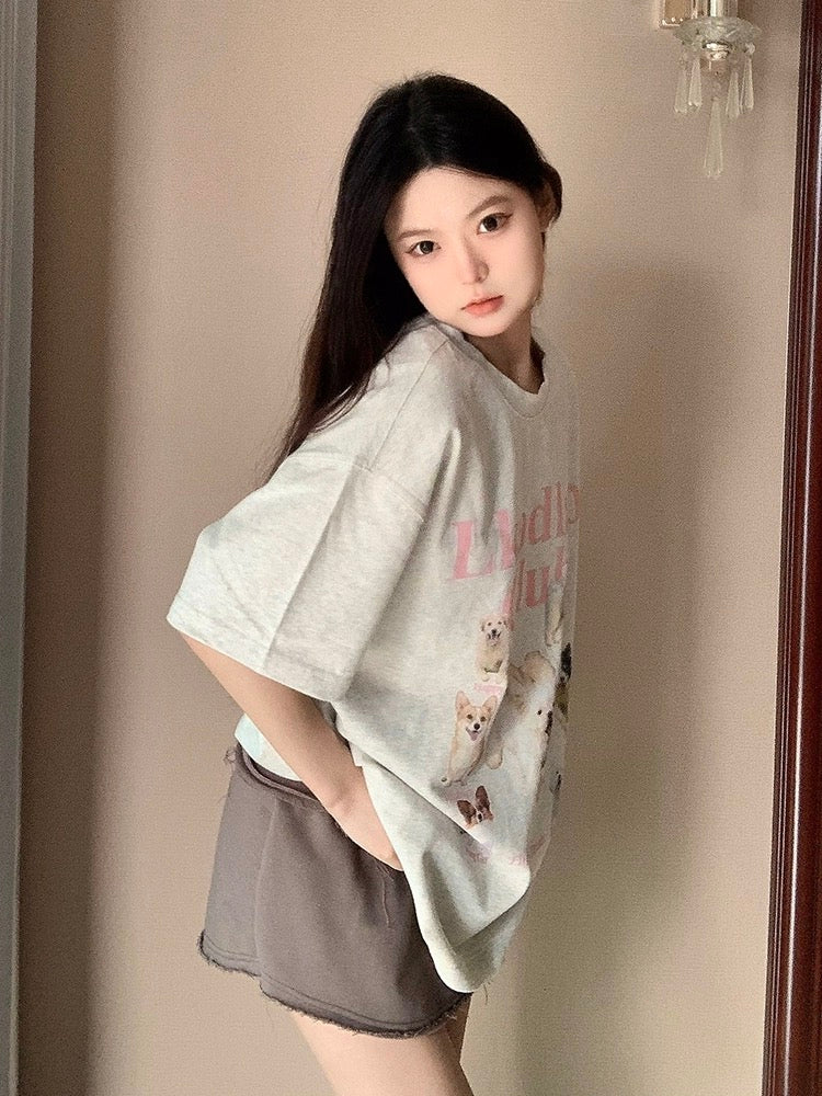 LK STORE LKOD2023 new spring and summer puppy print round neck bottoming shirt short-sleeved men and women couple T-shirt
