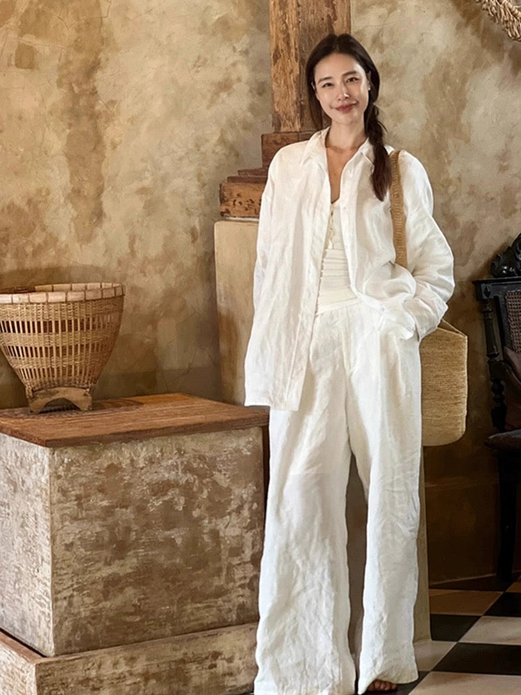Cotton, linen and linen women's high-end suit casual sportswear white shirt spring and summer fashion shirt small fragrance two-piece set