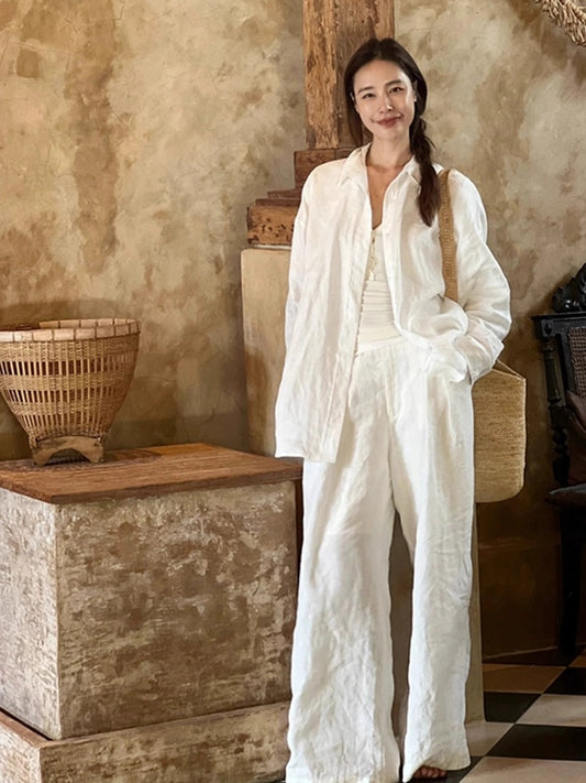 Cotton, linen and linen women's high-end suit casual sportswear white shirt spring and summer fashion shirt small fragrance two-piece set