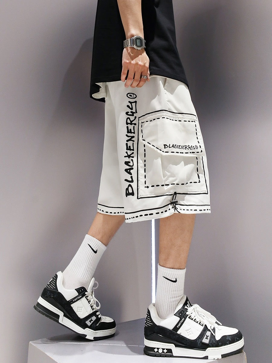 Creative printed cargo shorts, summer men's style, American style, trendy, personalized, over-the-knee, handsome, casual pants