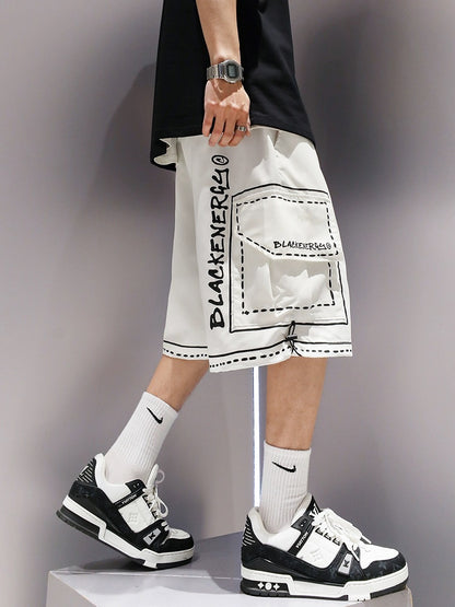 Creative printed cargo shorts, summer men's style, American style, trendy, personalized, over-the-knee, handsome, casual pants