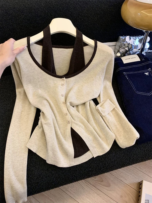 Jade Closet direct store recommendation ~ Medela pure desire style design fake two-piece long-sleeved knitted blouse for women