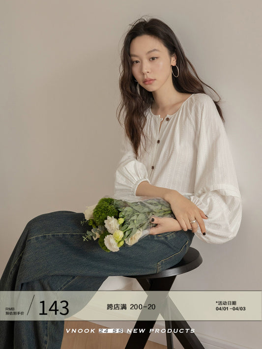 VNOOK lantern sleeve shirt 2024 spring new style loose jacquard placket round neck outer wear high-end shirt top