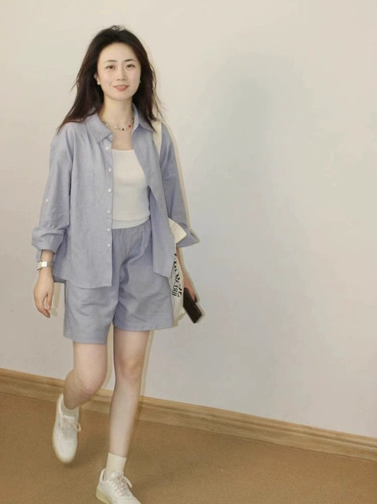 Cotton and linen women's high-end suit casual sports shirt shorts summer fashion temperament linen sunscreen shirt two-piece set