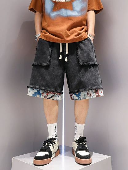 Youshu national fashion ethnic style color-blocked denim shorts summer men's trendy brand retro heavyweight pure cotton handsome five-point pants