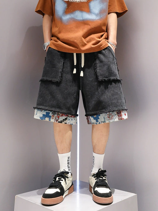 Youshu national fashion ethnic style color-blocked denim shorts summer men's trendy brand retro heavyweight pure cotton handsome five-point pants