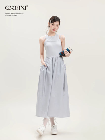 Ouyang Xi's "Quiet Lake" Design Slim and Beautiful Dress Women's Summer Niche Style Waist Long Dress