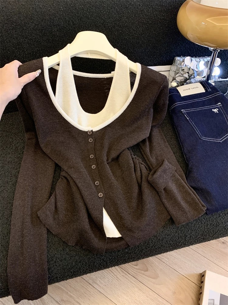Jade Closet direct store recommendation ~ Medela pure desire style design fake two-piece long-sleeved knitted blouse for women
