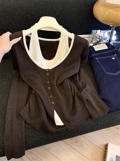 Jade Closet direct store recommendation ~ Medela pure desire style design fake two-piece long-sleeved knitted blouse for women