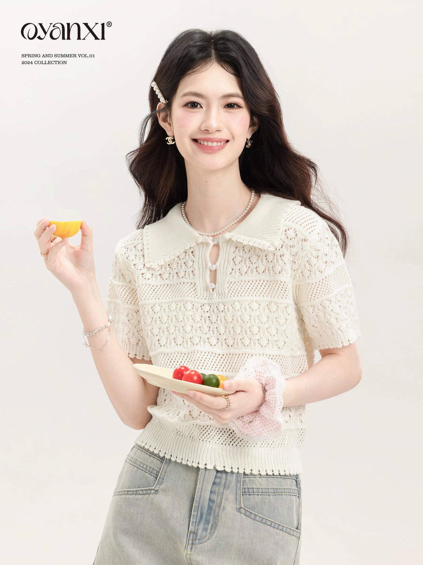 Ouyang Xi's "Window White Jasmine" Summer Hollow Top Solid Color New Women's Summer Crochet Atmosphere T-shirt