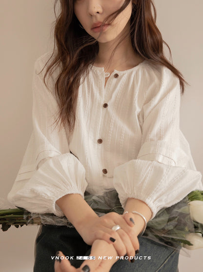 VNOOK lantern sleeve shirt 2024 spring new style loose jacquard placket round neck outer wear high-end shirt top