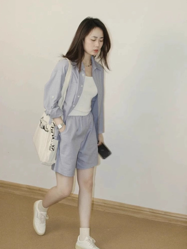 Cotton and linen women's high-end suit casual sports shirt shorts summer fashion temperament linen sunscreen shirt two-piece set