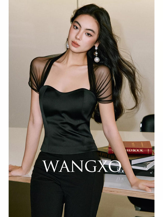 WANGXO | Black Gauze Shadow Luxury | Elegant Waist-Slimming Top with Subtle Cool Cloud-like Mesh and Satin Panels